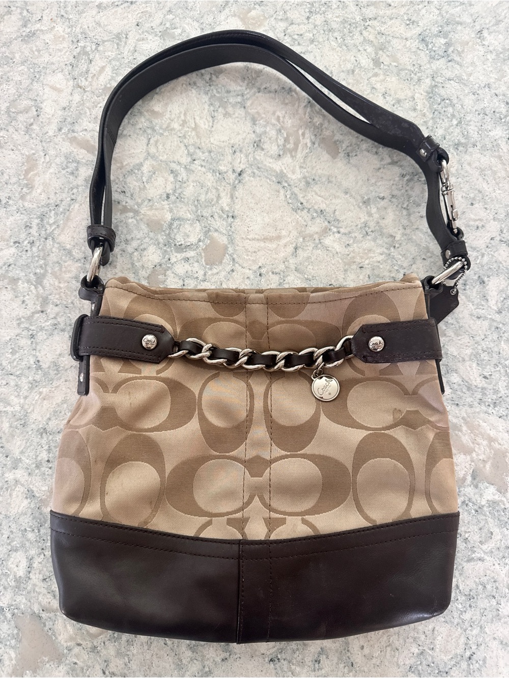 Coach Vintage Signature Canvas Shoulder Bag with Dark Brown Leather Trim